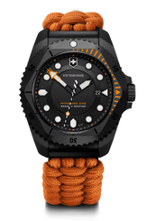 Victorinox watch with orange braided strap on black background