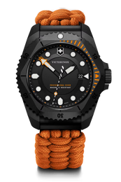 Victorinox watch with orange braided strap on black background