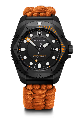 Victorinox watch with orange braided strap on black background