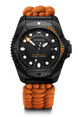 Victorinox watch with orange braided strap on black background