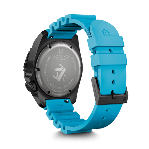 Victorinox watch with blue strap on a black background