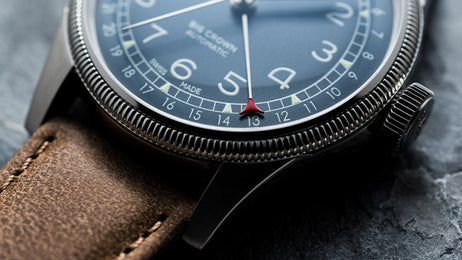 Oris Big Crown Pointer Date Watch with blue dial, leather strap, steel case