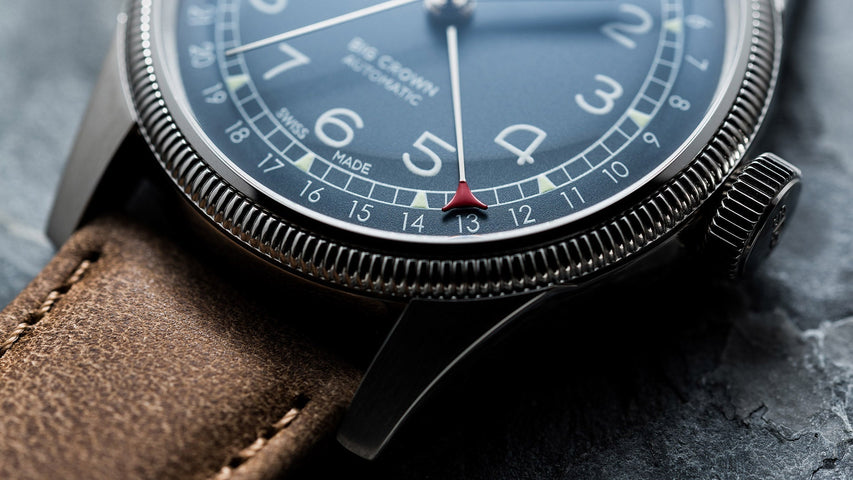 Oris Big Crown Pointer Date Watch with blue dial, leather strap, steel case
