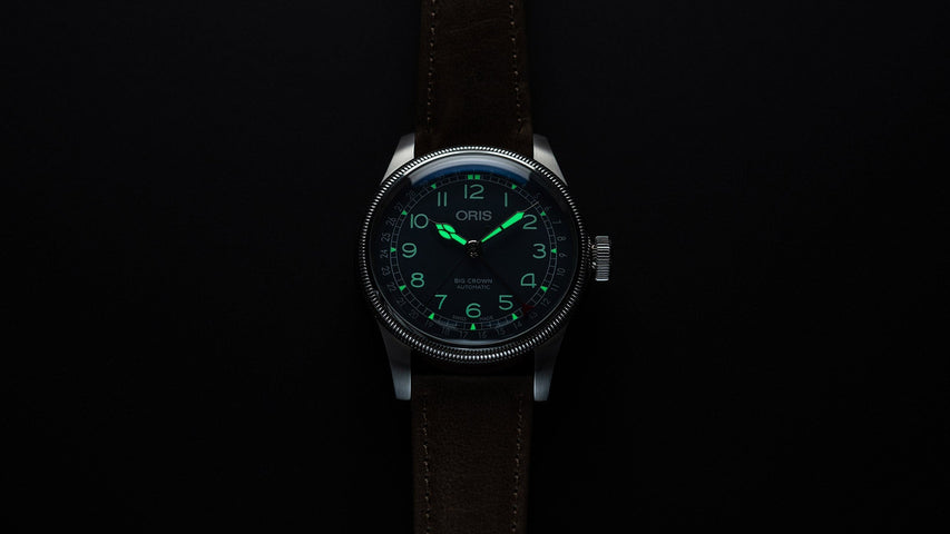Oris Big Crown Pointer Date Watch with blue dial, leather strap, steel case