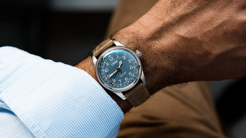 Oris Big Crown Pointer Date Watch with blue dial, leather strap, steel case