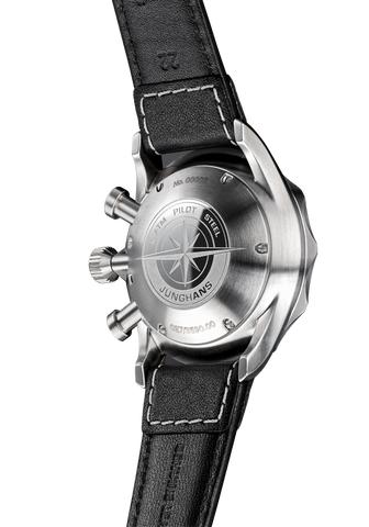 Junghans Meister Pilot Watch with black dial, leather strap, steel case