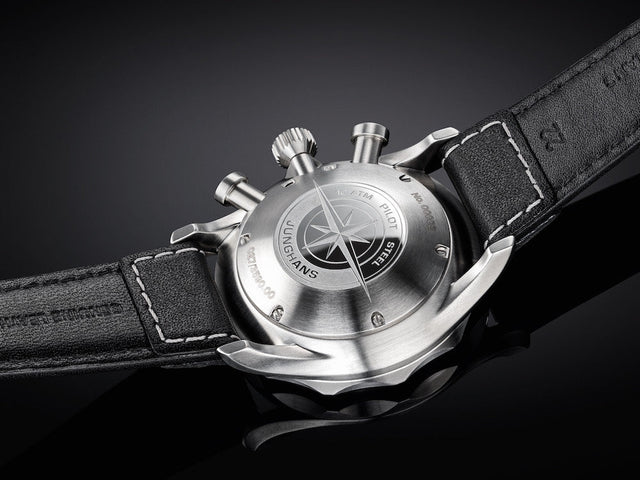 Junghans Meister Pilot Watch with black dial, leather strap, steel case