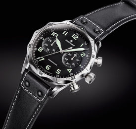 Junghans Meister Pilot Watch with black dial, leather strap, steel case
