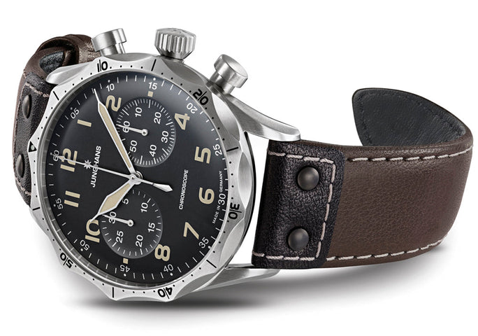 Junghans Meister Pilot Watch with black dial, leather strap, steel case