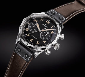 Junghans Meister Pilot Watch with black dial, leather strap, steel case