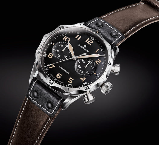 Junghans Meister Pilot Watch with black dial, leather strap, steel case