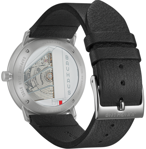Junghans Max Bill Bauhaus Automatic Watch with white dial, leather strap, steel case