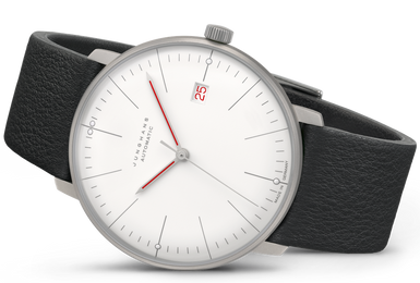 Junghans Max Bill Bauhaus Automatic Watch with white dial, leather strap, steel case