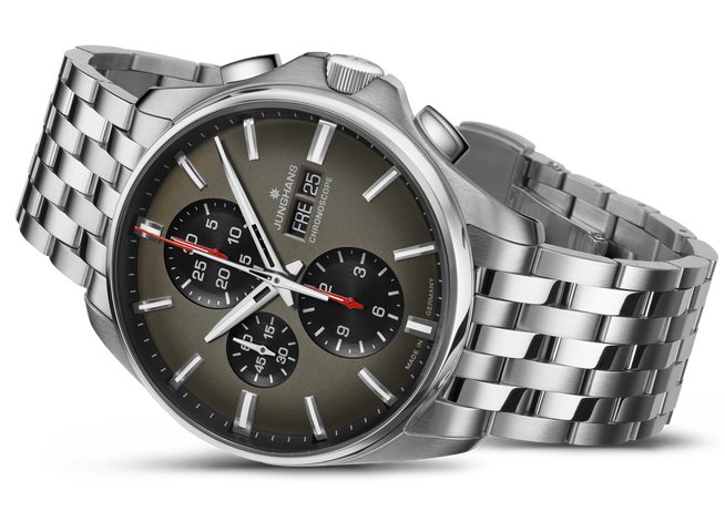 Junghans Meister S Chronoscope Watch with grey dial, steel bracelet, steel case