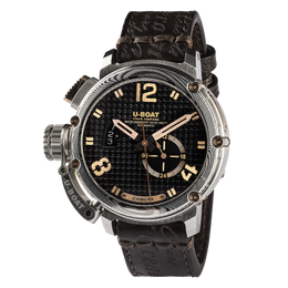 U-Boat watch with black leather strap and detailed face on a white background