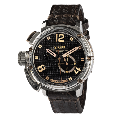 U-Boat watch with black leather strap and detailed face on a white background