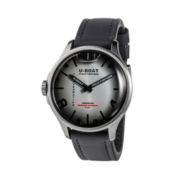 U-Boat watch with black leather strap and gray dial on a white background