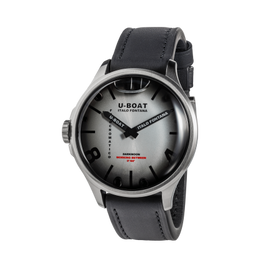 U-Boat watch with black leather strap and gray dial on a white background