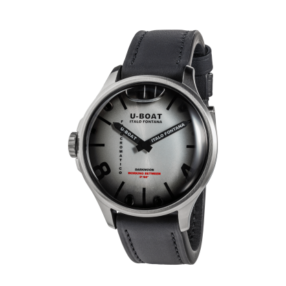 U-Boat watch with black leather strap and gray dial on a white background
