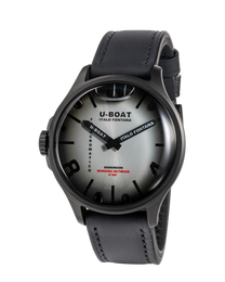 U-Boat watch with black leather strap on a white background