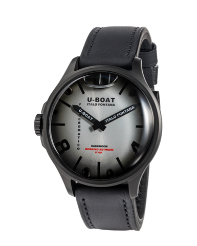 U-Boat watch with black leather strap on a white background