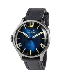 U-Boat watch with blue dial and black leather strap on a white background