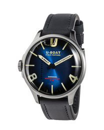 U-Boat watch with blue dial and black leather strap on a white background