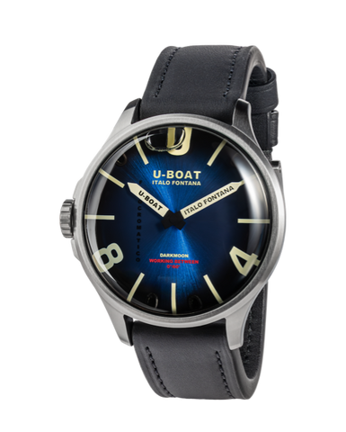 U-Boat watch with blue dial and black leather strap on a white background