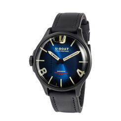 U-Boat watch with black leather strap on a white background