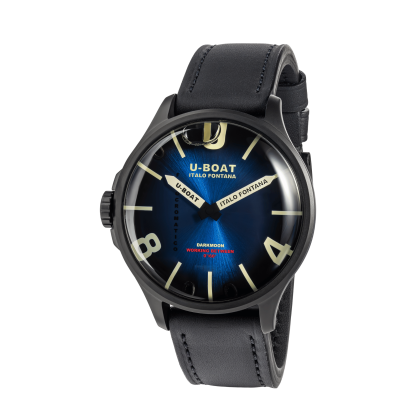 U-Boat watch with black leather strap on a white background