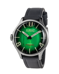 U-Boat watch with green face and black leather strap on white background