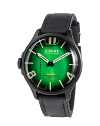 U-Boat watch with green face and black leather strap on a white background