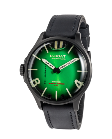 U-Boat watch with green face and black leather strap on a white background