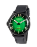 U-Boat watch with green face and black leather strap on a white background