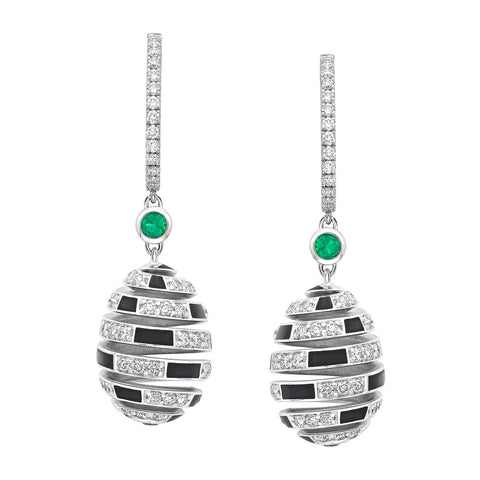 Faberge x Beetlejuice Beetlejuice 18ct White Gold Emerald & Black Enamel Spiral Earrings