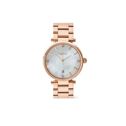 A rose gold women's watch with a round dial, mother-of-pearl style face, and a matching rose gold link bracelet, shown against a plain white background.