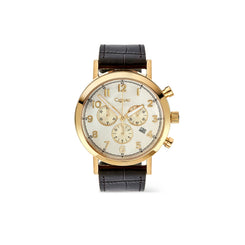 A Ciqali chronograph watch with a gold-tone case, cream-colored dial with gold details, and a black leather strap, shown against a plain white background.