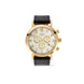 A Ciqali chronograph watch with a gold-tone case, cream-colored dial with gold details, and a black leather strap, shown against a plain white background.