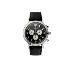 A Cigau chronograph watch with a black leather strap, a silver-toned case, and a black dial featuring three white sub-dials.