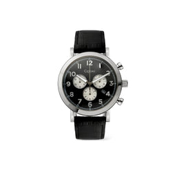 A Cigau chronograph watch with a black leather strap, a silver-toned case, and a black dial featuring three white sub-dials.
