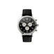 A Cigau chronograph watch with a black leather strap, a silver-toned case, and a black dial featuring three white sub-dials.