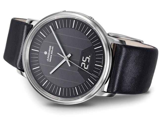 Junghans Milano Mega Solar Watch with black dial, leather strap, steel case