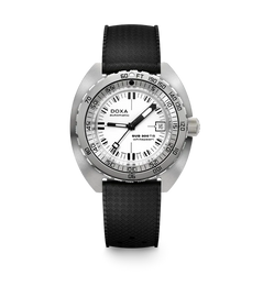 A Doxa Sub 300 Titan wristwatch with a silver stainless steel case, white dial, and a textured black rubber strap, shown against a plain white background.