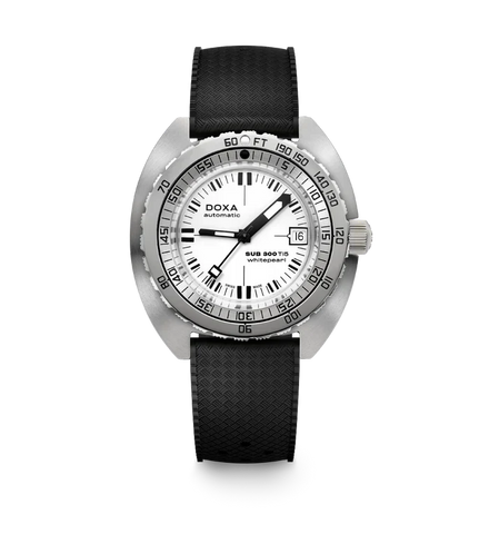 A Doxa Sub 300 Titan wristwatch with a silver stainless steel case, white dial, and a textured black rubber strap, shown against a plain white background.