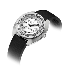 A DOXA automatic watch with a silver stainless steel case, white dial, and black textured rubber strap, shown on a white background with a soft shadow.