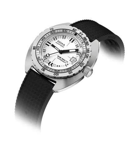 A DOXA automatic watch with a silver stainless steel case, white dial, and black textured rubber strap, shown on a white background with a soft shadow.