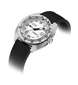 A DOXA automatic watch with a silver stainless steel case, white dial, and black textured rubber strap, shown on a white background with a soft shadow.