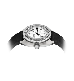 A wristwatch with a silver-toned metal case, white dial, black tachymeter bezel, and black textured strap, shown on a plain white background with a soft glow around the lower edges.
