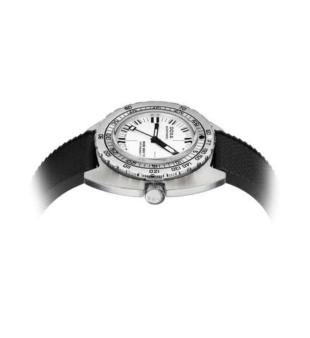 A wristwatch with a silver-toned metal case, white dial, black tachymeter bezel, and black textured strap, shown on a plain white background with a soft glow around the lower edges.