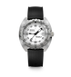 A Doxa Sub 300 Titan wristwatch with a silver stainless steel case, white dial, and a textured black rubber strap, shown against a plain white background.